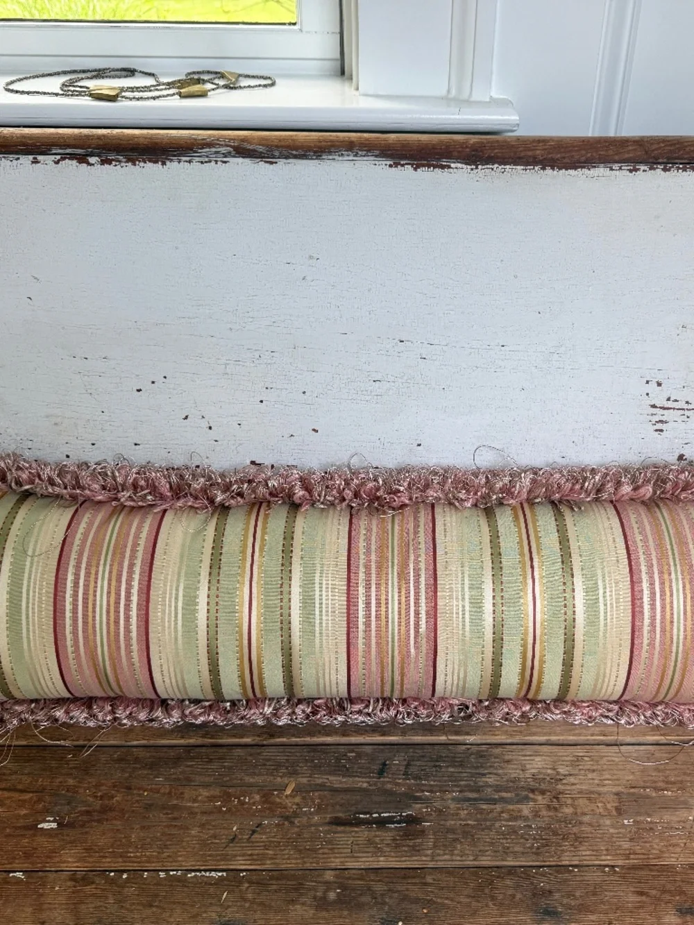 Striped Pink and Green Fringe Trimmed Bolster Pillow